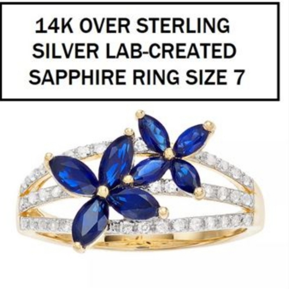 14k over sterling silver LAB-CREATED SAPPHIRE Ring Size 7